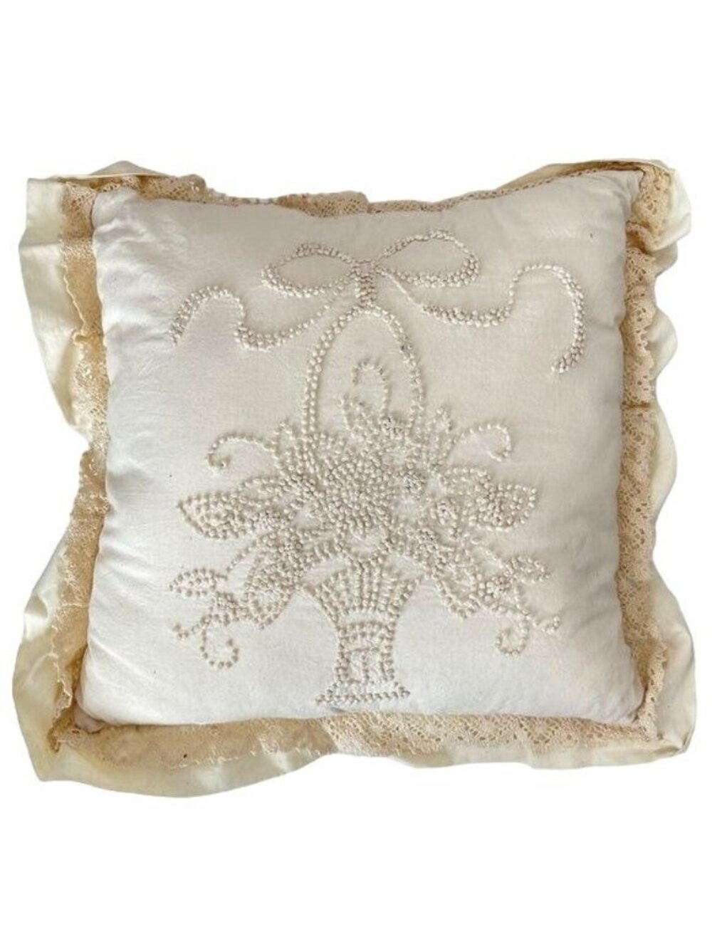 Vintage Cream Pillow Crewel Dot Embroidered design lace edging 15x15 inches